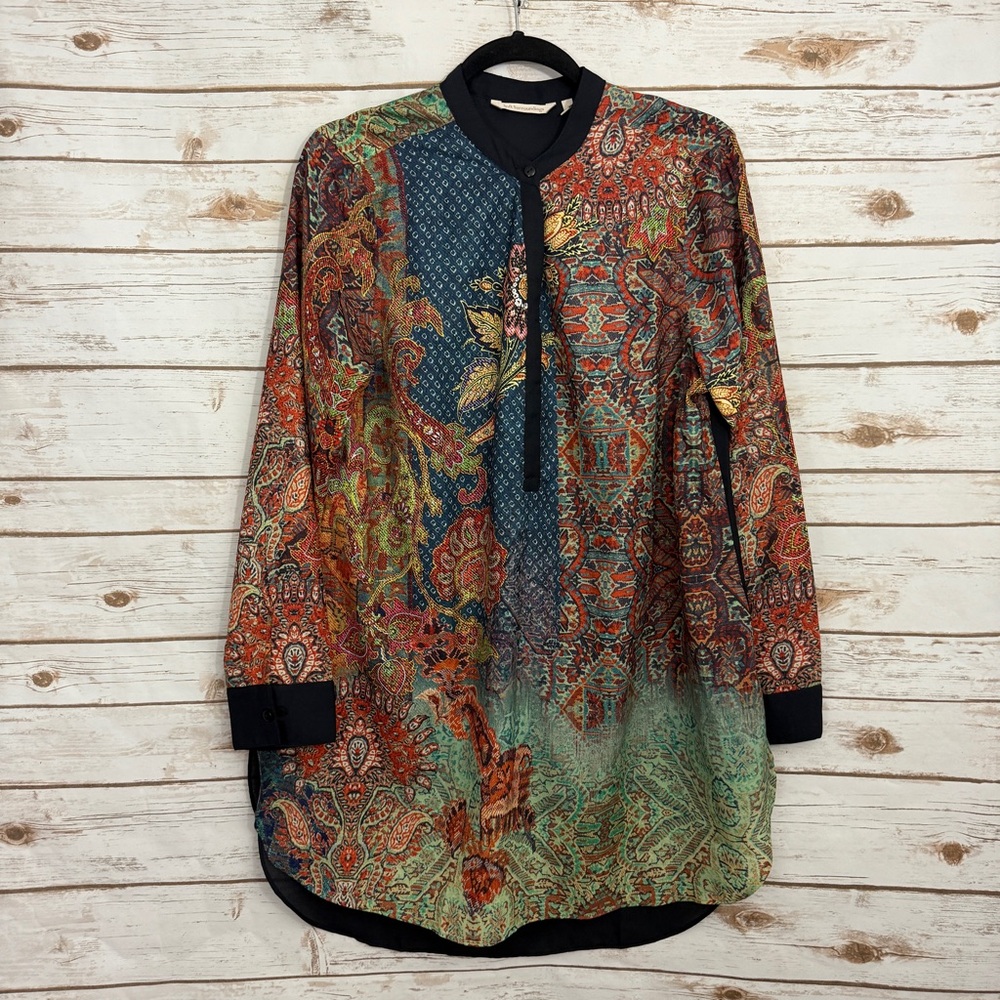 Soft Surroundings Satin Asian Inspired Patterned Boho Blouse